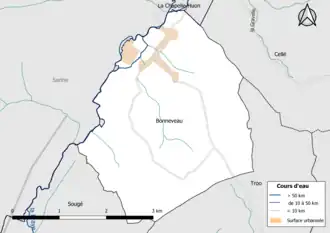 Carte en couleur présentantle réseau hydrographique de la commune