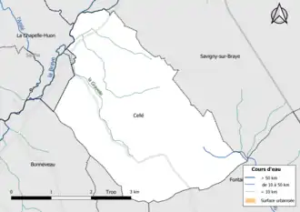 Carte en couleur présentantle réseau hydrographique de la commune