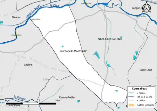 Carte en couleur présentantle réseau hydrographique de la commune