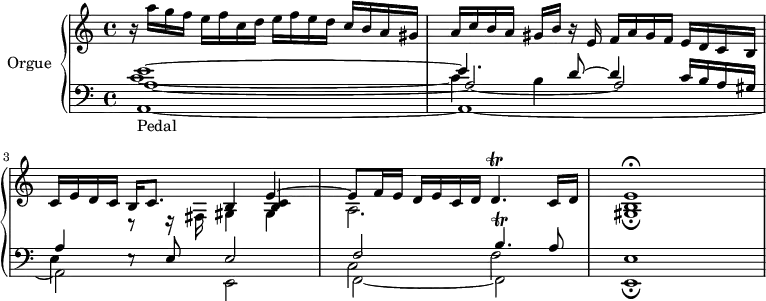 
\version "2.18.2"
\header {
  tagline=##f
}

Trilldq={ \tag #'print { d4.\trill } \tag #'midi { \repeat unfold 4 { e32 d~ } d8 } }
Trillbq={ \tag #'print { b4.\trill } \tag #'midi { \repeat unfold 4 { c32 b~ } b8 } }

upper=\relative c'' {
  \clef treble
  \key c \major
  \time 4/4
  \tempo 4=60
  \tempo "Allegro"
  \set Staff.midiInstrument=#"church organ"

  r16 a'16 g f e f c d e f e d c b a gis a c b a gis b r16 e,16 f a gis f e d c b
  << { c16 e d c b c8. s4 e4~|e8 f16 e d e c d \Trilldq c16 d e1\fermata } \\ { s4 r8 r16 fis,16 gis4 gis a2. s4 < gis b >1\fermata } \\ { s2 b4 < b c > } >>

}

lower=\relative c' {
  \clef bass
  \key c \major
  \time 4/4
  \set Staff.midiInstrument=#"church organ"

   << { e1~ e4. d8~ d4 c16 b a gis a4 s8 e8 e2 f \Trillbq a8 e1 } \\ { s4*0-\markup{Pedal} a,1~ a~ a2 e f~ f e1\fermata } \\ { a'1_~ a2_~ a } \\ { c1~ c4 b s2 e,4 e8\rest s8 s2 c2 f } >> \bar "|"
}

thePianoStaff=\new PianoStaff <<
    \set PianoStaff.instrumentName=#"Orgue"
    \new Staff="upper" \upper
    \new Staff="lower" \lower
  >>

\score {
  \keepWithTag #'print \thePianoStaff
  \layout {
      #(layout-set-staff-size 17)
    \context {
      \Score
      \override SpacingSpanner.common-shortest-duration=#(ly:make-moment 1/2)
      \remove "Metronome_mark_engraver"
    }
  }
}

\score {
  \keepWithTag #'midi \thePianoStaff
  \midi { }
}
