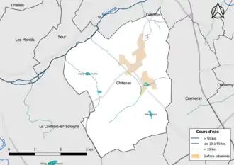 Carte en couleur présentantle réseau hydrographique de la commune