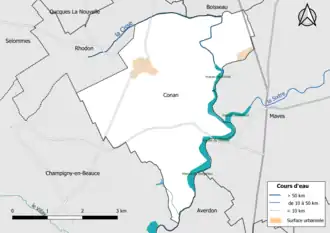 Carte en couleur présentantle réseau hydrographique de la commune