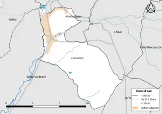 Carte en couleur présentantle réseau hydrographique de la commune
