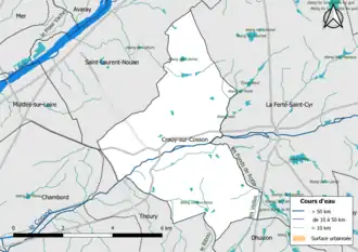 Carte en couleur présentantle réseau hydrographique de la commune
