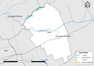Carte en couleur présentantle réseau hydrographique de la commune