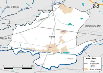 Carte en couleur présentantle réseau hydrographique de la commune