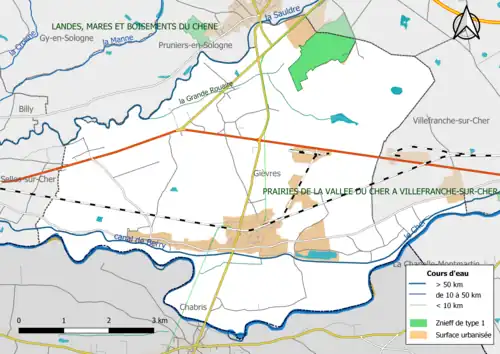 Carte des ZNIEFF de type 1 localisées dans la commune.