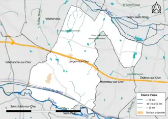 Carte en couleur présentantle réseau hydrographique de la commune