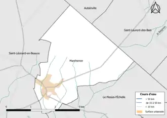 Carte en couleur présentantle réseau hydrographique de la commune