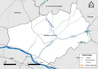 Carte en couleur présentantle réseau hydrographique de la commune
