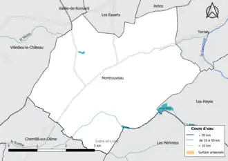 Carte en couleur présentantle réseau hydrographique de la commune