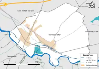 Carte en couleur présentantle réseau hydrographique de la commune