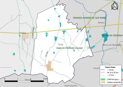 Carte des ZNIEFF de type 1 localisées dans la commune.