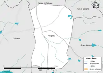 Carte en couleur présentantle réseau hydrographique de la commune