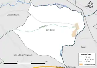 Carte en couleur présentantle réseau hydrographique de la commune