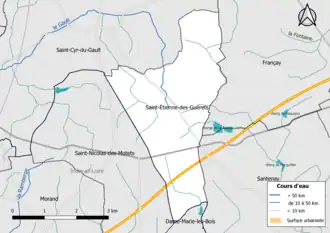 Carte en couleur présentantle réseau hydrographique de la commune