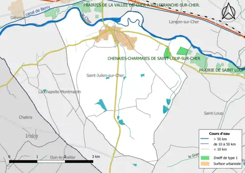 Carte des ZNIEFF de type 1 localisées dans la commune.