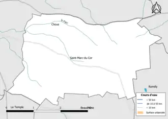 Carte en couleur présentantle réseau hydrographique de la commune