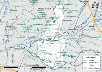Carte en couleur présentantle réseau hydrographique de la commune
