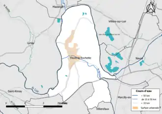 Carte en couleur présentantle réseau hydrographique de la commune