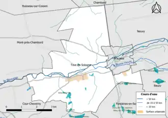 Carte en couleur présentantle réseau hydrographique de la commune