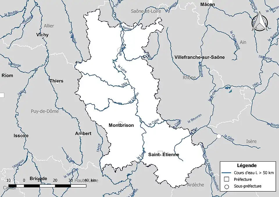 Carte des cours d'eau de longueur supérieure à 50&nbsp;km de la Loire.