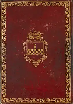 Couverture de livre en cuir rouge, avec une bordure dorée et un blason au centre.