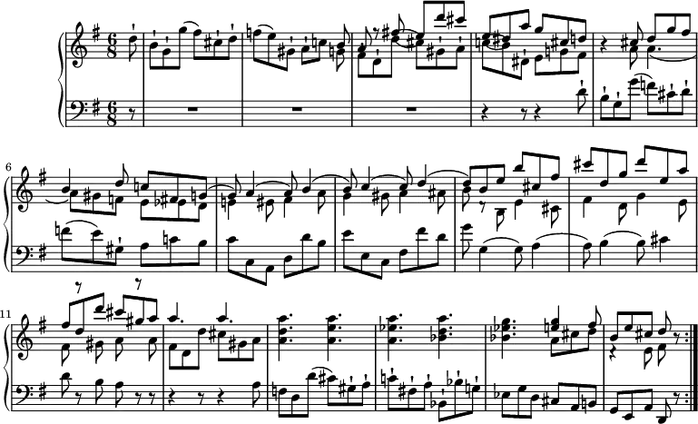 
\header {
  tagline = ##f
}
upper =  \relative c'' {
         \version "2.18.2"
         \clef "treble" 
         \tempo "Allegro"
         \key g \major
         \time 6/8 
         \tempo 4 = 100
        \partial 8 d8-!
        b-! g-! g' (fis) cis-! d-!
        f! (e) gis,-! a-! c! 
        <<{\stemDown g8 fis-! d-! d' (cis) gis-! a-!} 
          \\ { \stemUp b8 a f'8\rest fis! (e) d' cis}>>
        <<{\stemDown c,!8 (b) dis,-! e g! fis} 
          \\ { \stemUp e'8  (dis) a' g  cis, d}>> r4
        <<{\stemDown a8 a4. _ (a8) gis! f e ees d e!4 eis8 fis4 a8 g4 gis8 a4 ais8 b8} 
          \\ { \stemUp cis8 d g fis b,4 d8 c! fis,! g ^(g) a4 ^(a8) b4 ^(b8) c4 ^(c8) d4 ^(d8)}>>
        <<{\stemDown d,8\rest b8 e4 cis8} 
          \\ { \stemUp b'8 e b' cis, fis}>>
        <<{\stemDown fis,4 d8 g4 e8 fis8 r gis a r a} 
          \\ { \stemUp cis'8 d, g d' e, a fis d d' cis gis a}>>
        <<{\stemDown fis,8 d d' cis gis a} 
          \\ { \stemUp a'4. a4.}>>
        <a, d a'>4. <a e' a> <a ees' a> <bes d a'>
        <bes ees g> <<{\stemDown a8 cis d d,4\rest e8 fis} 
          \\ { \stemUp <e' g>4 fis8 b, e cis d}>> r8  \bar ":|."
}
lower = \relative c {      
         \clef "bass" 
         \key g \major
         \time 6/8        
      \partial 8 r8 R1*6/8*3 r4 r8  r4 d'8-!
      b-! g-! g' (f) cis-! d-! f (e) gis,-! a c! b
      c c, a d d' b
      e e, c fis fis' d
      g g,4 (g8) a4 (a8)
      b4 (b8) cis4 
      d8 r b a r8 r r4 r8 r4 a8
      f! d d' (cis) gis-! a-!
      c!-! fis,!-! a-! bes,-! bes'-! g!-!
      ees g d cis a b! g e a d, r \bar ":|."
} 
\score {
  \new PianoStaff <<  
    \new Staff = "upper" \upper
    \new Staff = "lower" \lower
  >>
  \layout {
    \context {
      \Score
      \remove "Metronome_mark_engraver"
    }
  }
  \midi { }
}
