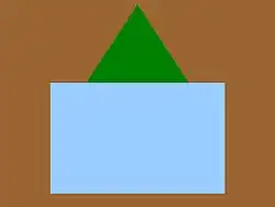 Carré gris surmonté d'un triangle vert sur fond brun.