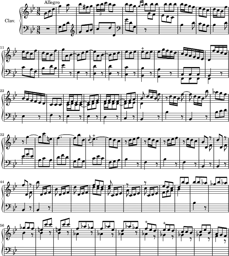 
\version "2.18.2"
\header {
  tagline = ##f
  % composer = "Domenico Scarlatti"
  % opus = "K. 97"
  % meter = "Allegro"
}

%% les petites notes
trillEesq      = { \tag #'print { ees8^\markup{+} } \tag #'midi { f32 ees f ees } }
trillEespq     = { \tag #'print { ees4.~^\markup{+} } \tag #'midi { f32 ees f ees~ ees4 } }
trillFq      = { \tag #'print { f8^\markup{+} } \tag #'midi { ges32 f ges f } }

upper = \relative c'' {
  \clef treble 
  \key g \minor
  \time 3/8
  \tempo 4. = 78

      s8*0^\markup{Allegro}
      g8 bes d | g4 a8 | bes8 fis g | \times 2/3 { a16[ bes c] } bes8 a | bes a g | \grace { g16 a } \repeat unfold 6 { bes8 } | bes16 a g8 f |
      % ms. 9
      ees8 d c | d16 c bes8 f' | ees16 d c8 f | d16 c bes8 f' | g a, bes~ | bes d ees~ | ees a, bes~ | bes c d | ees d ees |
      % ms. 18
      \trillEesq d ees | ees g16 f ees d | c bes a g f ees | d8 f'16 ees d c | bes a g f ees d | c8 c c | 
      << { ees16 f ees8 ees~ | ees f g | f16 g f8 f~ | f g a | bes8 \omit TupletNumber  \times 2/3 { d16[ c bes] } } 
       \\ { c,16 d c8 c~ | c d ees | d16 ees d8 d~ | d ees ees | d4 } >> 
      % ms. 28 fin…
      f'8 | r8 \omit TupletNumber \times 2/3 { d16[ c bes] } f'8~ | f  \times 2/3 { d16[ c bes] } bes'8 | aes g f | r8 g4~ | g8 c e, |
      % ms. 36
      f4.~ | f8 bes d, | \appoggiatura d8 \trillEespq | ees8 d c | \repeat unfold 2 { r8 d16 ees f8 | r8 ees16 d c8 } |
      % ms. 42
      << { bes8 d, r8 | d'8 d, r8 | f'8 d, r8 } 
       \\ { \repeat unfold 3 { s4 f8 } } >> 
      bes'8 d,,16[ ees f8] | bes8 d,16[ ees f8] | d'8 d,16[ ees f8] |
      << { f'8 ees d | ees } \\ { d8 c bes | c } >> | c,16 d ees8 |
      % ms. 50
      << { \repeat unfold 2 { r8 c16 d ees8 } } 
       \\ { a8 s4 | c8 s4 } >> |
      \stemUp ees8 d c | d bes' a | bes bes aes | ges bes aes | ges ges f |  \repeat unfold 2 { e c' c } |
      % ms. 59
      f,8 aes ges | f aes ees | d aes' ges | \trillFq ees8 d | \trillEesq ees8 d | c c bes | c ees bes | a g f |

}

lower = \relative c' {
  \clef bass
  \key g \minor
  \time 3/8

    % ************************************** \appoggiatura a16  \repeat unfold 2 {  } \times 2/3 { }   \omit TupletNumber 
      R4. | g8 bes d |   \clef treble g a bes | c d d,   \clef bass | g d g, | r8 \stemDown \change Staff = "upper"  g' f ees d c | \stemNeutral \change Staff = "lower"  bes4 d8 |
      % ms. 9
      c8 bes a | bes4 d8 | c8 a f | bes d bes | ees4 r8 | ees,4 r8 | \repeat unfold 2 { < d d' >4 r8 } | < c c' >4 r8 |
      % ms. 18
      < bes bes' >4 r8 | < a a' >4 r8 | << { c8 c c | bes4 } \\ { f8 f f | f4 } >> r8 | ees'4 r8 | f4 r8 | \repeat unfold 2 { ees4 r8 } | 
      % ms. 26
      d4 r8 | c4 r8 | bes4 r8 | bes'4 r8 | bes,4 r8 | bes'8 c d | << { ees8 g ees } \\ { ees4 } >> | a,8 c a |
      % ms. 34
      d8 f d | g, bes g | c ees c | f, g a | \repeat unfold 2 { bes4 r8 | f4 r8 } | 
      % ms. 42
      \repeat unfold 4 { bes,4 r8 } s4.*6 \stemDown \change Staff = "upper" |
      % ms. 52
      f''8 g a | bes4 s8 | \stemNeutral \change Staff = "lower" bes,4 r8 | s4. |
      \stemDown \change Staff = "upper"  \repeat unfold 3 { bes'4 r8 } |
      % ms. 59
      \repeat unfold 4 { aes4 r8 } | \repeat unfold 3 { ges4 r8 } | f4 r8 |

}

thePianoStaff = \new PianoStaff <<
    \set PianoStaff.instrumentName = #"Clav."
    \new Staff = "upper" \upper
    \new Staff = "lower" \lower
  >>

\score {
  \keepWithTag #'print \thePianoStaff
  \layout {
      #(layout-set-staff-size 17)
    \context {
      \Score
     \override TupletBracket.bracket-visibility = ##f
     \override SpacingSpanner.common-shortest-duration = #(ly:make-moment 1/2)
      \remove "Metronome_mark_engraver"
    }
  }
}

\score {
  \keepWithTag #'midi \thePianoStaff
  \midi { \set Staff.midiInstrument = #"harpsichord" }
}
