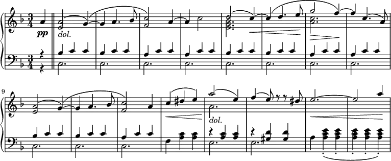
 \relative c' {
 \new PianoStaff <<
  \new Staff { \key d \minor \time 3/4 \set Score.tempoHideNote = ##t \tempo 2.=52
  <<
  {
  \partial 4 a'4 \bar "||" <a e>2_\markup { \italic dol. }( g4~)( g a4. bes8 <c f,>2) a4~ a s2 d( c4~\<) c( d4. e8\! g2\> f4~\!) f c4.( a8) <a e>2( g4~)( g a4. bes8 <c f,>2) a4 c\<( dis e) a2\!( e4) f( e8) r r dis e2.~\< e2 a4\!
  }
  \\
  {
   s4 s2 s4 s s4. s8 s2 s4 s c,2 <e, g bes>2. s4 s4. s8 <a c>2. s4 s4. s8 s2 s4 s s4. s8 s2 s4 s s s a2._\markup { \italic dol. }
  }
  >>
  }
  \new Dynamics {
  s\pp
  }
  \new Staff { \key d \minor \time 3/4 \clef bass
  <<
   { r4 bes,4 c c bes c c a c c a c c bes c c bes c c a c c a c c bes c c bes c c a c c s s s r <a c> <a c> r <gis d'> <gis d'> }
  \\
   { r4 c,2. c c c c c c c c c c f4 <a c> <a c> e2. e a4 <a c e>4-.( <a c e>4-. <a c e>4-. <a c e>4-. <a c e>4-.) }
  >>
   }
 >>
 }
