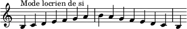  {
\override Score.TimeSignature #'stencil = ##f
\relative c' { 
  \clef treble \time 7/4
  b4^\markup { Mode locrien de si } c d e f g a b a g f e d c b
} }
