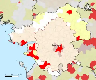 Localisation de l'aire d'attraction de Nantes dans le département de la Loire-Atlantique.