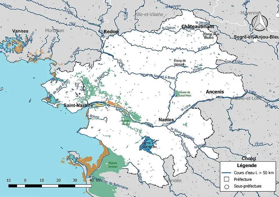 Carte des cours d'eau de longueur supérieure à 50&nbsp;km de la Loire-Atlantique.