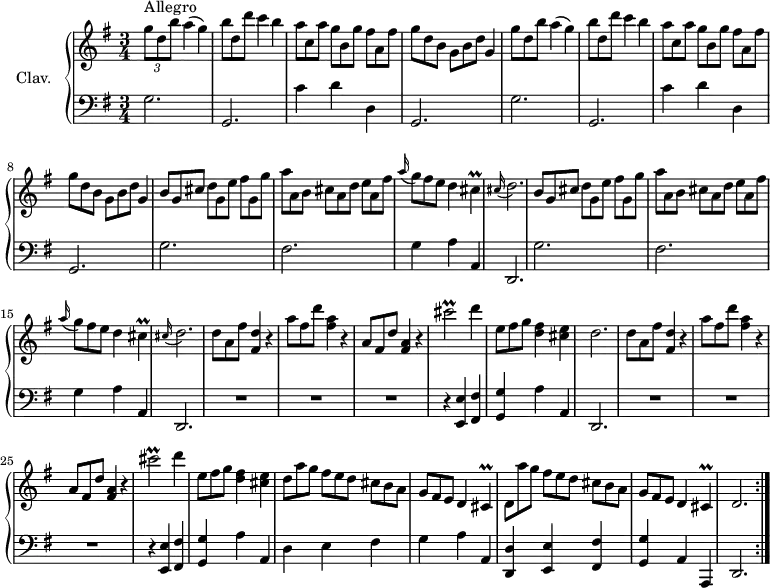 
\version "2.18.2"
\header {
  tagline = ##f
  % composer = "Domenico Scarlatti"
  % opus = "K. 391"
  % meter = "Allegro"
}

%% les petites notes
trillCis        = { \tag #'print { cis4\prall } \tag #'midi { d32 cis d cis~ cis8 } }
appoDb          = { \tag #'print { \appoggiatura cis16 d2. } \tag #'midi { cis4 d2 } }
trillCisbUp     = { \tag #'print { cis''2\prall } \tag #'midi { d32 cis d cis~ cis8~ cis4 } }

upper = \relative c'' {
  \clef treble 
  \key g \major
  \time 3/4
  \tempo 4 = 96
  \set Staff.midiInstrument = #"harpsichord"
  \override TupletBracket.bracket-visibility = ##f

  \repeat volta 2 {
      s8*0^\markup{Allegro}
      \repeat unfold 2 { \times 2/3 { g'8 d b' }   \omit TupletNumber  a4( g) | \times 2/3 { b8 d, d' } c4 b |  \times 2/3 { a8 c, a' }  \times 2/3 { g8[ b, g'] }  \times 2/3 { fis8 a, fis' } |  \times 2/3 { g8[ d b] }  \times 2/3 { g8 b d } g,4 }
      % ms. 9
      \repeat unfold 2 { \times 2/3 { b8 g cis } \times 2/3 { d8[ g, e'] } \times 2/3 { fis8 g, g' } | \times 2/3 { a8 a, b } \times 2/3 { cis8[ a d] } \times 2/3 { e a, fis' } |
      % ms. 11
      \appoggiatura a16 \times 2/3 { g8 fis e } d4 \trillCis | \appoDb } | 
      % ms. 17
      \times 2/3 { d8 a fis' } < fis, d' >4 r4 | \times 2/3 { a'8 fis d' } < fis, a >4 r4 | \times 2/3 { a,8 fis d' } < fis, a >4 r4 | \trillCisbUp d4 | \times 2/3 { e,8 fis g } < d fis >4 < cis e >
      % ms. 22
      d2. | \times 2/3 { d8 a fis' } < fis, d' >4 r4 | \times 2/3 { a'8 fis d' } < fis, a >4 r4 | \times 2/3 { a,8 fis d' } < fis, a >4 r4 | \trillCisbUp d4 | \times 2/3 { e,8 fis g } < d fis >4 < cis e > |
      % ms. 28
      \times 2/3 { d8 a' g } \times 2/3 { fis8[ e d] }  \times 2/3 { cis8 b a }  \times 2/3 { g8[ fis e] } d4 \trillCis | \times 2/3 { d8 a'' g } \times 2/3 { fis8[ e d] }  \times 2/3 { cis8 b a }  \times 2/3 { g8[ fis e] } d4 \trillCis | d2. }%repet

}

lower = \relative c' {
  \clef bass
  \key g \major
  \time 3/4
  \set Staff.midiInstrument = #"harpsichord"
  \override TupletBracket.bracket-visibility = ##f

  \repeat volta 2 {
    % ************************************** \appoggiatura a16  \repeat unfold 2 {  } \times 2/3 { }   \omit TupletNumber 
      \repeat unfold 2 { g2. | g, | c'4 d d, | g,2. } |
      % ms. 9
      \repeat unfold 2 {  g'2. | fis | 
      % ms. 11
      g4  a a, | d,2. } | 
      % ms. 17
      R2.*3 | r4 < e e' >4 < fis fis' > < g g' > a' a, |
      % ms. 22
      d,2. | R2.*3 | r4 < e e' >4 < fis fis' > < g g' > a' a, |
      % ms. 28
      d4 e fis g a a, < d, d' >4 < e e' >4 < fis fis' > | < g g' > a a, | d2. }%repet

}

thePianoStaff = \new PianoStaff <<
    \set PianoStaff.instrumentName = #"Clav."
    \new Staff = "upper" \upper
    \new Staff = "lower" \lower
  >>

\score {
  \keepWithTag #'print \thePianoStaff
  \layout {
      #(layout-set-staff-size 17)
    \context {
      \Score
     \override SpacingSpanner.common-shortest-duration = #(ly:make-moment 1/2)
      \remove "Metronome_mark_engraver"
    }
  }
}

\score {
  \unfoldRepeats
  \keepWithTag #'midi \thePianoStaff
  \midi { }
}

