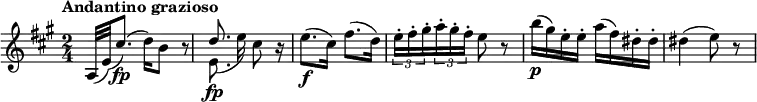 
\relative c'' {
   \key a \major
   \time 2/4
   \tempo "Andantino grazioso" 
 \grace (a,32 e'32) (cis'8.)\fp  (d16) b8 r8
  << { d8.\fp} \\{e,8._(e'16)}>> cis8 r16
  e8.\f (cis16) fis8. (d16)
  \tuplet 3/2 {e16-. fis-. gis-. } \tuplet 3/2 {a-. gis-. fis-. } e8 r8
  b'16\p (gis) e-. e-. a (fis) dis-. dis-.
  dis4 (e8) r8
}
