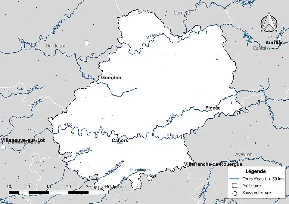 Carte des cours d'eau de longueur supérieure à 50&nbsp;km du Lot.