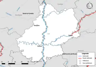 Carte du réseau routier national (autoroutes et routes nationales) dans le département du Lot