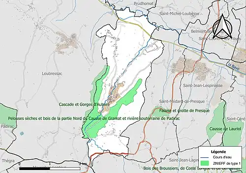 Carte de la ZNIEFF de type 1 sur la commune.