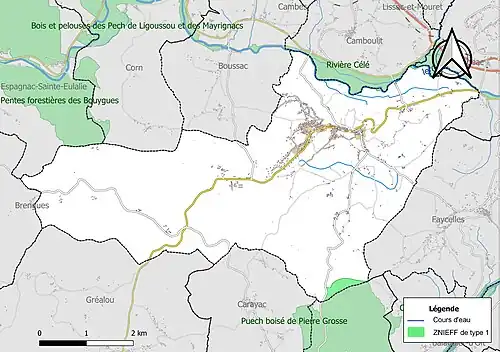 Carte des ZNIEFF de type 1 sur la commune.