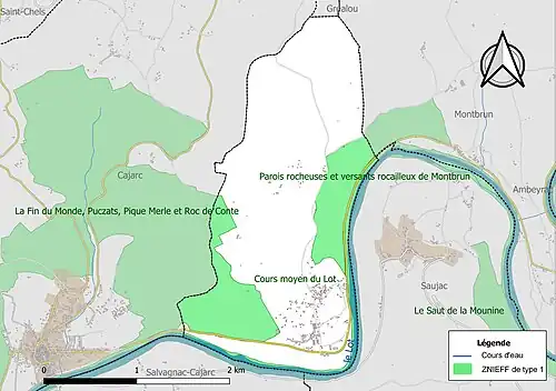 Carte des ZNIEFF de type 1 sur la commune.