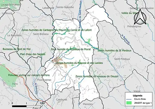Carte des ZNIEFF de type 1 sur la commune.