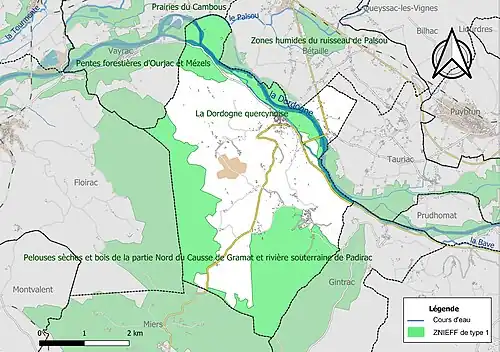 Carte des ZNIEFF de type 1 sur la commune.