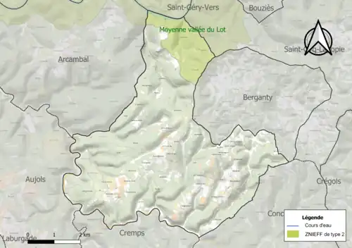 Carte de la ZNIEFF de type 2 sur la commune.