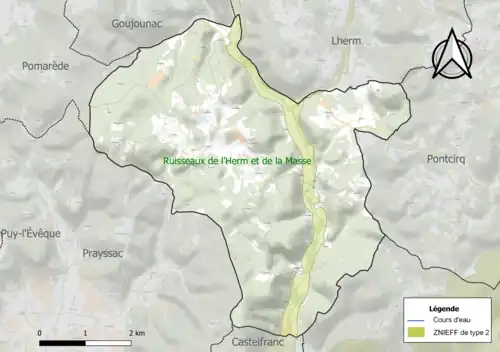 Carte de la ZNIEFF de type 2 sur la commune.