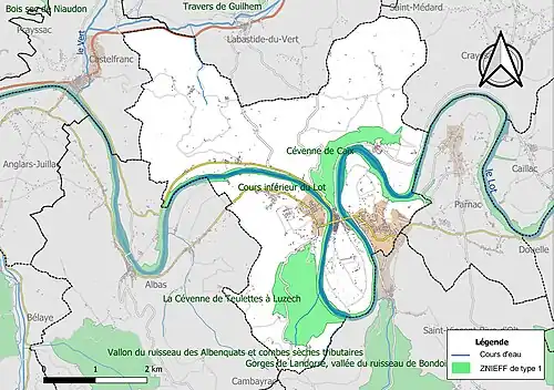 Carte des ZNIEFF de type 1 sur la commune.