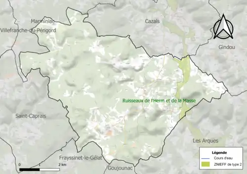 Carte de la ZNIEFF de type 2 sur la commune.