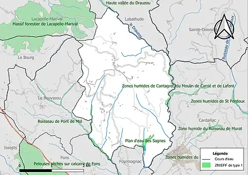 Carte des ZNIEFF de type 1 sur la commune.