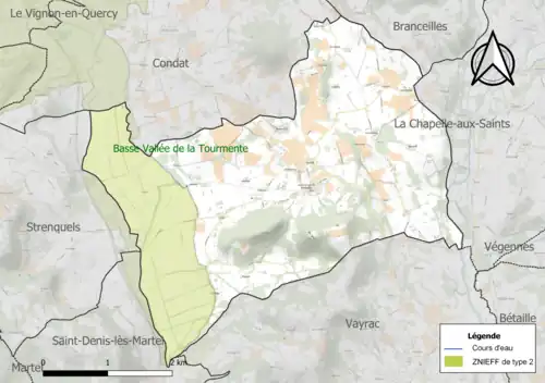 Carte de la ZNIEFF de type 2 sur la commune.