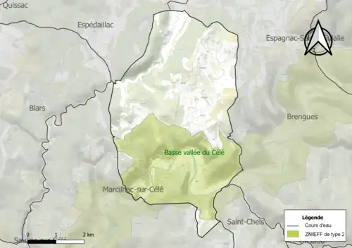 Carte de la ZNIEFF de type 2 sur la commune.